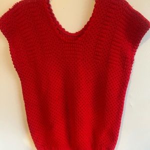 Vintage Hand Knit Red V- Neck Sweater Vest Chunky Thick Handmade Boho